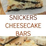 Delicious snickers cheesecake bars recipe that is swirled with chopped up snickers on top of an Oreo crust. Will definitely be your new favorite dessert!