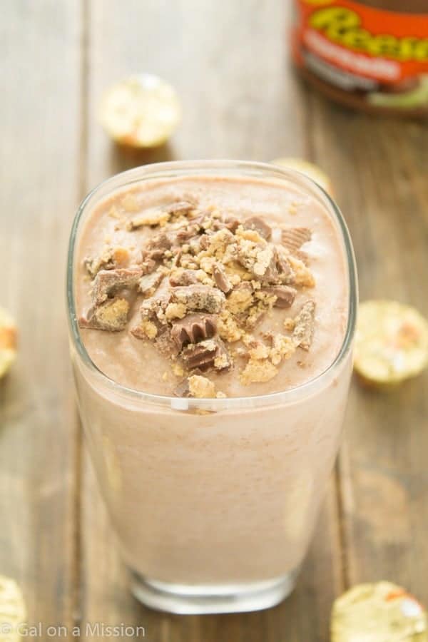 A mouthwatering peanut butter and chocolate milkshake recipe for two! It's one of our favorite snacks!