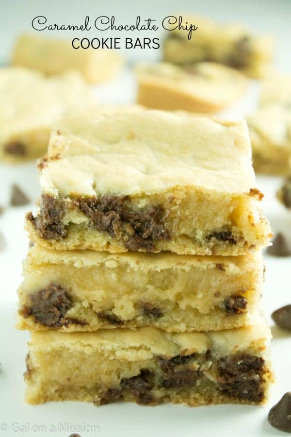 A delicious caramel chocolate chip cookie bar recipe that is filled to the max with caramel filled morsels! So easy and absolutely delicious!