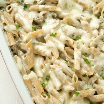 A delicious mushroom alfredo pasta bake that is ready under 30 minutes and a family favorite! You will not be disappointed!