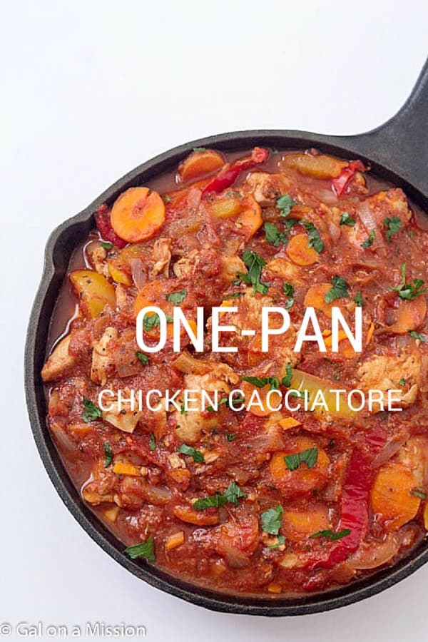 One-Pan Chicken Cacciatore Recipe - A flavorful tomato-based sauce with diced chicken breasts, bell peppers, onions, carrots, and the best spices! It’s so easy you can even make this chicken cacciatore in a crock pot or slow cooker! One of my favorite one-pan chicken dinner options! You are going to LOVE it!