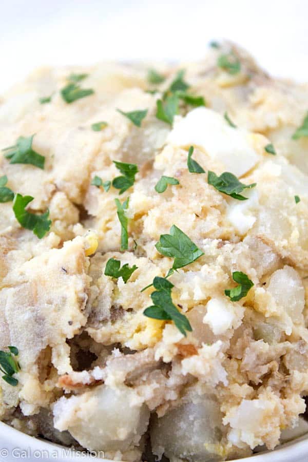 Lightened-Up French Onion Potato Salad Recipe - Perfect side dish with any kind of meat! Incredibly easy to make and everyone will love it! This potato salad doesn't have any mayo!