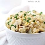 Lightened-Up French Onion Potato Salad Recipe - Perfect side dish with any kind of meat! Incredibly easy to make and everyone will love it! This potato salad doesn't have any mayo!