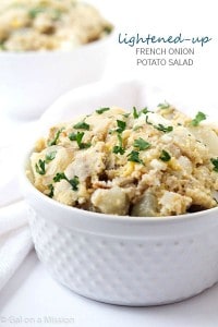 Lightened-Up French Onion Potato Salad Recipe - Perfect side dish with any kind of meat! Incredibly easy to make and everyone will love it! This potato salad doesn't have any mayo!