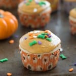 Small-Batch Vanilla Cupcakes with Pumpkin Spice Frosting - Perfectly moist with the most flavorful frosting. The frosting is even better than a pumpkin spice latte! Perfect addition to your frosting recipes!