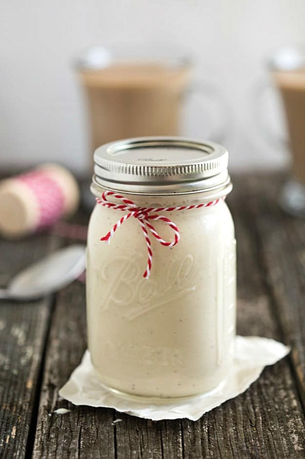 Homemade Eggnog Coffee Creamer - Incredibly easy with only three ingredients. Great for homemade gifts! Enjoy a piece of eggnog cheesecake or even an eggnog cookie on the side!