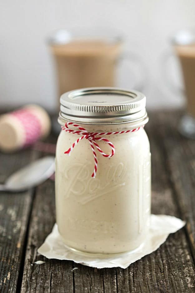 Homemade Eggnog Coffee Creamer - Incredibly easy with only three ingredients. Great for homemade gifts! Enjoy a piece of eggnog cheesecake or even an eggnog cookie on the side!