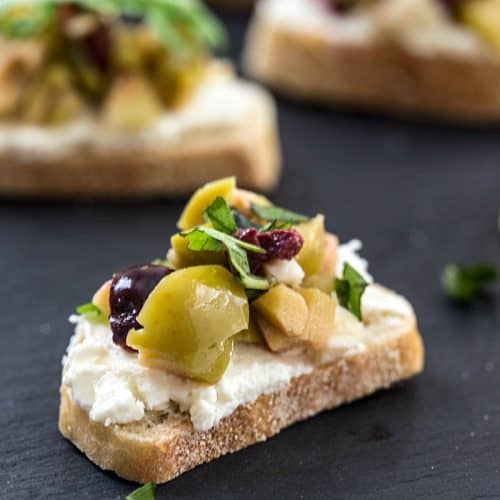 Mixed Olive and Whipped Feta Crostini Gal on a Mission