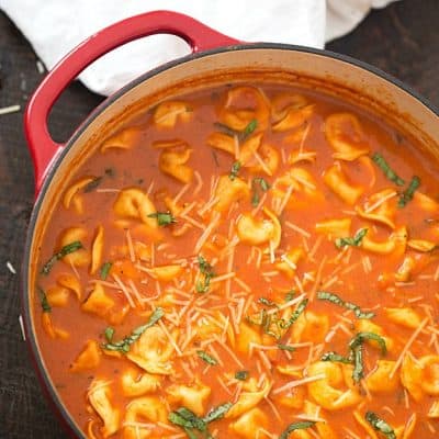 One-Pot Tomato and Basil Tortellini Soup - Hearty, comforting, flavorful and a quick weeknight meal! So much easier than soup in the crock-pot!