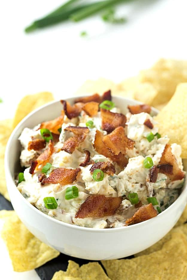 6-Ingredient Gouda Bacon Ranch Dip Recipe - So easy to make with hardly any ingredients and takes only 5-minutes! Made with cream cheese and ultra creamy plain greek yogurt. Perfect appetizer for parties or snacking! It's my favorite dip over buffalo chicken dip!