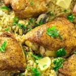 Crispy Skillet Chicken Thighs with Lemon Garlic Orzo - Juicy, flavorful, and crispy chicken thighs seasoned lightly and fried in a skillet using a secret ingredient! You will forget about baked chicken thighs after having it this way! The lemon and garlic orzo is the perfect side dish. Made in only ONE skillet!