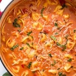 One-Pot Creamy Tomato Tortellini Soup Recipe - The EASIEST homemade creamy tomato tortellini soup made from scratch! Loaded with fresh herbs, diced tomatoes, and three-cheese tortellini! So easy you can even make it in your slow cooker!