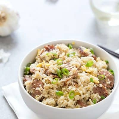 Sausage Cauliflower Fried Rice - A delicious and healthy alternative to the popular dish. Loaded with chicken sausage, cauliflower rice, eggs, and seasonings! Made in 20 minutes or less! Low-carb and keto taste buds approved.