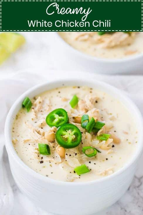 Creamy White Chicken Chili is loaded with shredded chicken, white beans, sour cream, jalapenos, and seasonings and spices. It's so easy, hearty, filling, and the perfect cold-weather staple! Only takes 30 minutes from start to finish. 