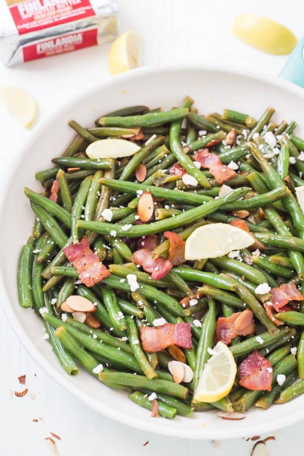 Lemon Butter Green Beans with Toasted Almonds Bacon & Feta Gal on a