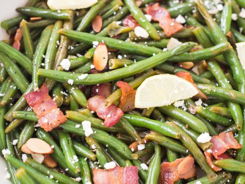 Lemon Butter Green Beans with Toasted Almonds Bacon & Feta