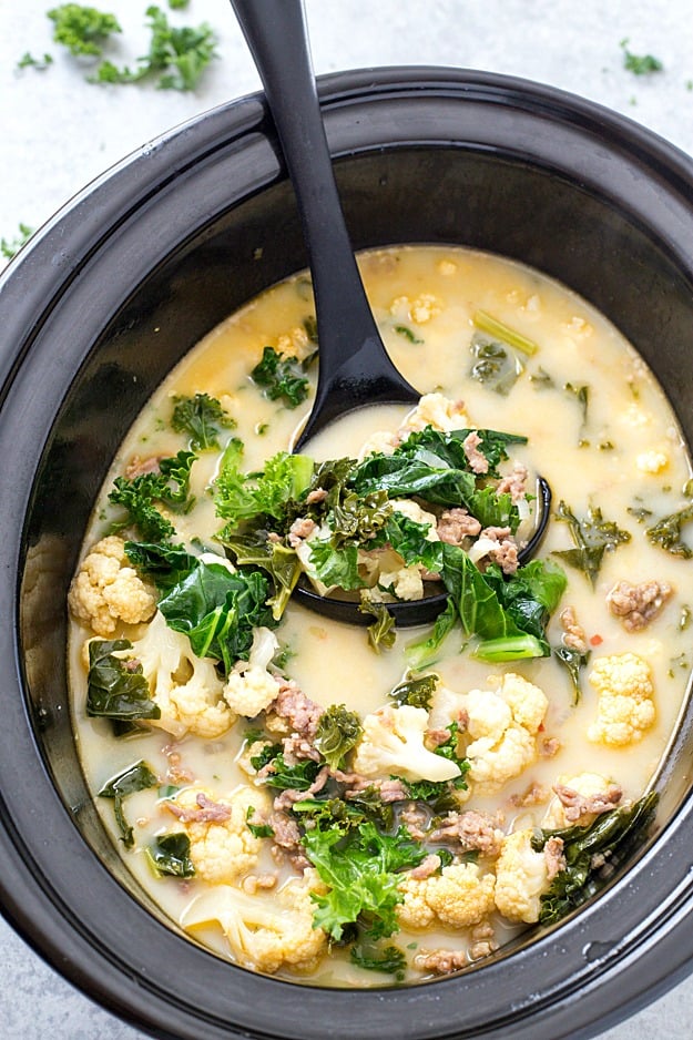 Slow Cooker Low Carb Zuppa Toscana Soup - Skip the trip to your local restaurant and make a batch of this insanely delicious copycat soup! It's healthy, it's delicious, and it's made low carb! Perfect for a low carb and keto-friendly lifestyle!