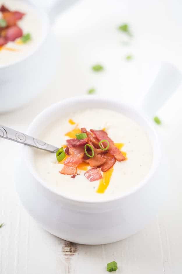 Copycat Panera Baked Potato Soup - The easiest baked potato soup ever! Diced russets potatoes are simmered in the best seasonings and spices with bacon in a rich cream sauce topped with green onions, more bacon, and shredded cheese! It's everything you want in a baked potato soup. It's rich; it's creamy and easy! Better than the original!