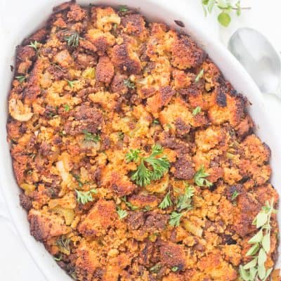 Southern Easy Chorizo Cornbread Dressing (Stuffing) recipe is a must-have on Thanksgiving! It's the best dressing I have ever had! It's life-changing.