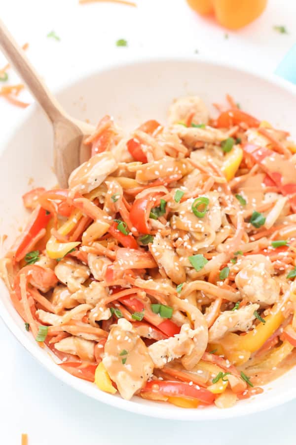 Easy Healthy Chicken Satay Stir Fry Skip the take-out and make this incredibly Easy Healthy Chicken Satay Stir Fry instead! Make it lighter with zucchini noodles or cauliflower rice!