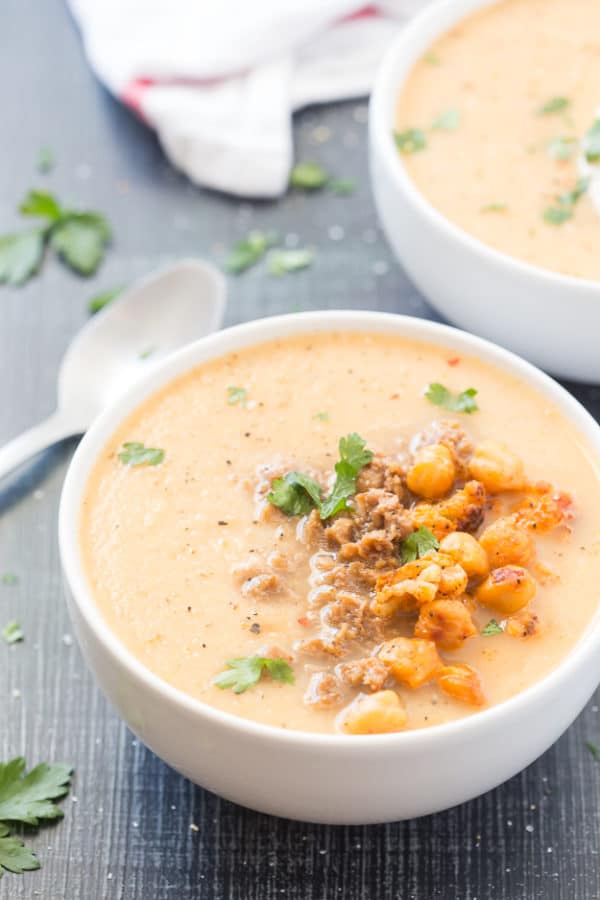 Roasted Cauliflower Soup with Chickpeas Roasted Cauliflower Soup with Chickpeas is creamy, healthier, and packed with a ton of flavor! Ready in 30 minutes!