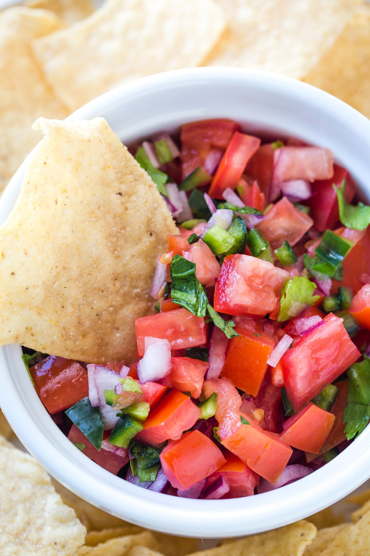 Looking down at a bowl of tomato salsa with a chip