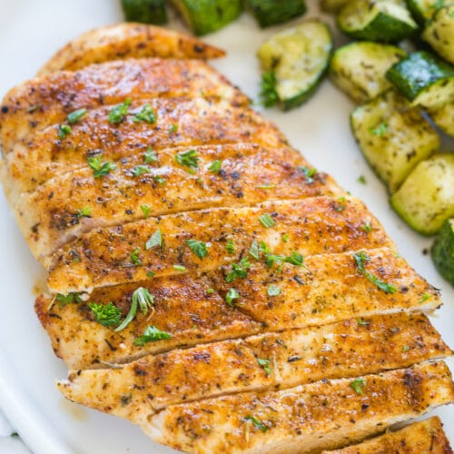 looking at a cooked chicken breast on a plate with diced and cooked zucchini